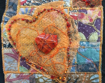 Choose Love-Mixed Media-Fiber Fabric Art-Art Quilt- OOAK- Original- Ready to Frame or Hang-Heart-Glass-Orange-Blue-Upcycled