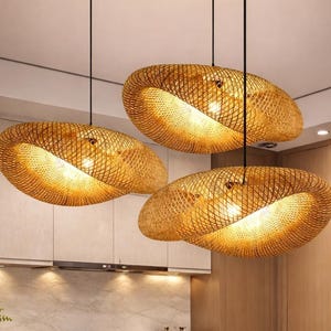Handmade Bamboo Pendant Light – Rattan Wicker Ceiling Lamp Shade – Boho Hanging Light Fixture for Kitchen, Dining,