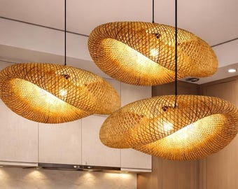 Handmade Bamboo Pendant Light – Rattan Wicker Ceiling Lamp Shade – Boho Hanging Light Fixture for Kitchen, Dining,