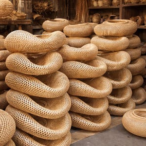 May include: A collection of handwoven, light brown baskets with a unique, curved design. The baskets are stacked in a shop, showcasing their intricate woven patterns and natural color. The shop setting suggests a focus on handcrafted goods and home decor.
