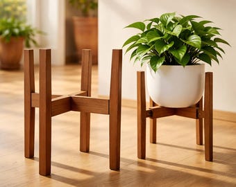 Indoor Plant Stand in Wood Mid Century Modern Style, Handmade Solid Wood Home Decor