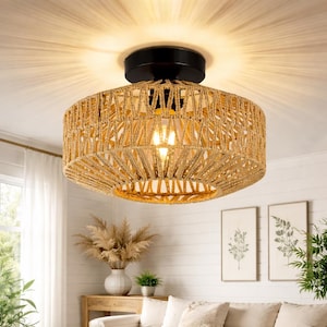 Boho Rattan Pendant Light – Wicker Light Shade for Ceiling, Handmade Natural Hanging Lamp, Eco Woven Home Lighting