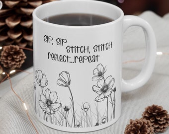 Slow Stitching, Slow Stitch Ceramic Coffee Mug, Slow Stitching Movement, Crafter Mom Gift, Embroidery Lover Mug, Cross Stitching Mug for Tea