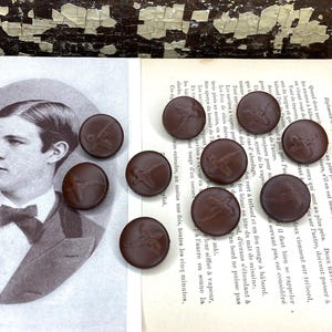 May include: A collection of eight dark brown buttons with a bird design, arranged on a vintage book page next to a sepia-toned portrait. The buttons are round and have a slightly raised design.