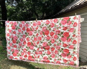 Vintage Roses Comforter, Floral Quilted Ruffled Bed Cover, Sateen Reversible Bedspread