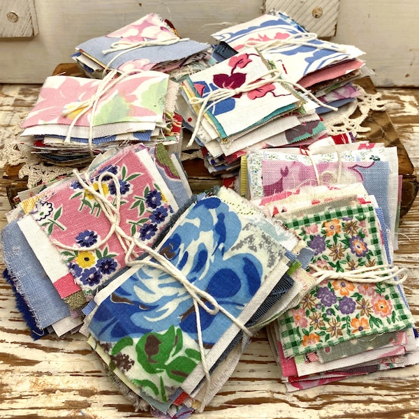 Vintage Fabric Scraps Lot, 1930s-1960s Cotton, Crumb Quilt Slow Stitching (50 PC)