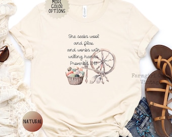 Spinning Wool Shirt, Hand Spinner Gift, Proverbs 31 Tee, Handspun Yarn, Christian Fiber Artist Shirt, Traditional Spinning Wheel