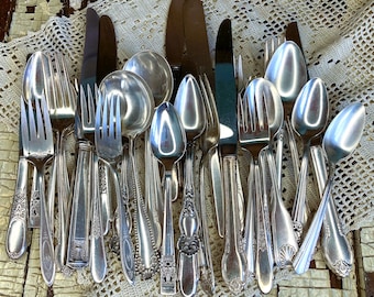 Mismatched Silverware-Vintage Silverplate Flatware-Holiday-Special Event-Wedding-Tea Party-Forks Knives Spoons-Hostess Serving Pieces
