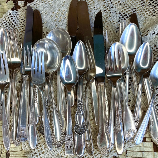 Mismatched Silverware-Vintage Silverplate Flatware-Holiday-Special Event-Wedding-Tea Party-Forks Knives Spoons-Hostess Serving Pieces