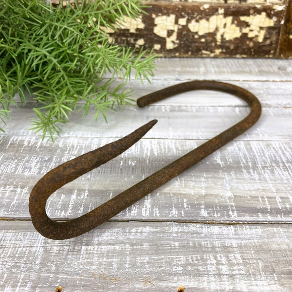 French Country Kitchen Pot Hook-Cast Iron Meat Hook-Hand Forged Hook-Antique Kitchen Decor-Rusty Iron Hook-Large Metal Hanging Hook