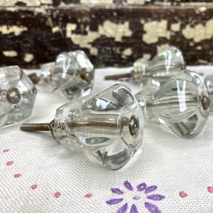 Vintage Hexagonal Glass Knob, Clear Glass Drawer Pull, Single Post Replacement Knob