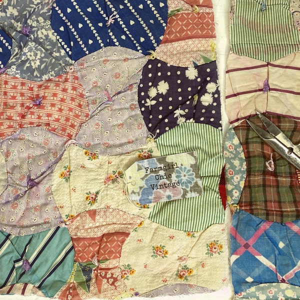 Antique Quilt Scraps-Hand Quilted Quilt Pieces-Vintage Cutter Quilt Remnants-Hand Tied Quilt Scrap