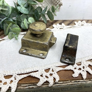 Vintage Cupboard Latch and Striker Plate, Turn Button Knob Cabinet Lock, Rusty Worn Slide Latch