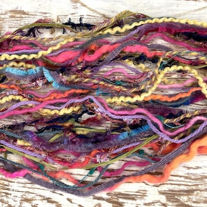 Hand Spun Art Novelty Yarn Bundle, 24YDS, Scrappy Yarn Samples, Sparkly Sock Yarn Scraps, Mixed Media Fibers, Junk Journal Scraps