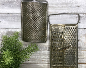 Hand Grater, All in One, Vintage Cheese Grater, Vegetable Slicer, Aluminum Cookware, Retro Kitchen Decor, Half Dome Metal Grater, Set of Two