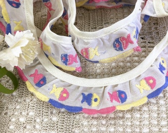 Vintage Ruffled Little Girl Trim, Infant Girl Sewing Trim, Multi Color Fish Trim, Embroidered Goldfish, Scalloped Edge Trim, Embellishment