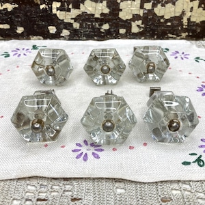 Vintage Hexagonal Glass Knobs, Clear Glass Drawer Pull, Single Post Replacement Knob
