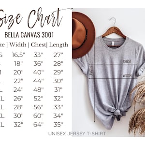 Size chart featuring a grey shirt hanging with a brown hat.