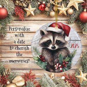 Woodland Raccoon Ornament, Cottagecore Christmas Ornament, Personalized 2025 Decoration, Nature Lover Gift, Forest Core Wildlife Ornament