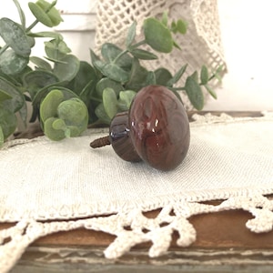 May include: A round, dark brown, glossy ceramic cabinet knob with a smooth, marbled finish. The knob features a metal screw protruding from the back, designed for attachment to furniture or cabinetry, showcasing a rich, deep color palette.