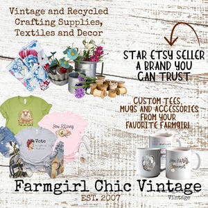 White weathered wood background with images of vintage decor, shirts and mugs.