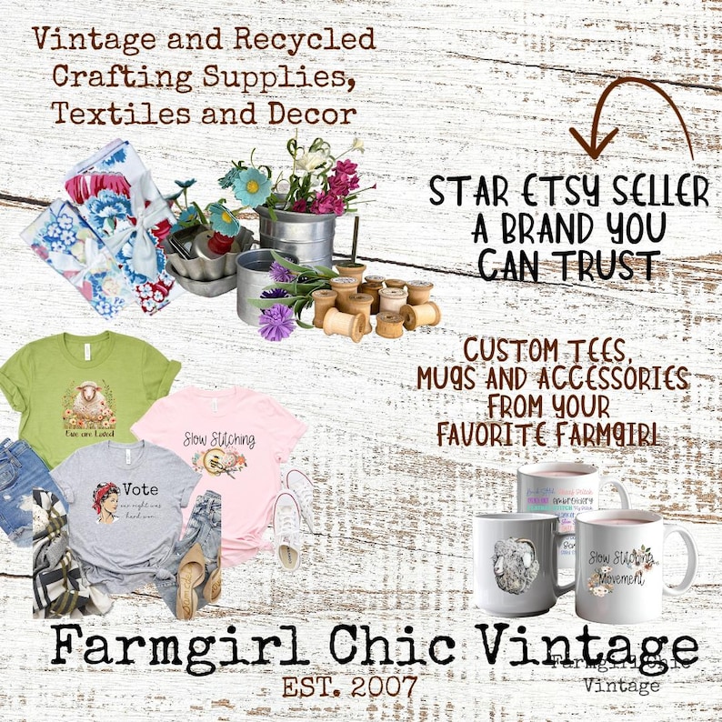 White weathered wood background with images of vintage decor, shirts and mugs.