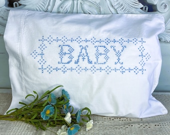 Heirloom Baby Gift-Vintage Baby Shower Gift-Boy Shower Gifts-Hand Embroidered-Cross Stitch Pillowcase-Baby Pillowcase