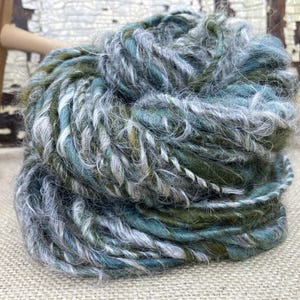 May include: A large, textured ball of hand-spun yarn in shades of teal, green, gray, and white. The yarn appears soft and fluffy, with a slightly irregular texture. The yarn is likely used for knitting or crocheting projects.