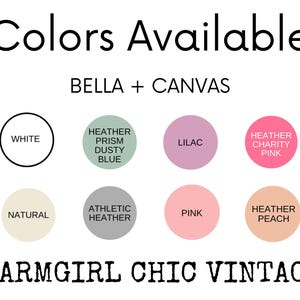 color chart featuring the colors, white, dusty blue green, lilac, heather charity pink, natural, athletic heather, pink and heather peach.
