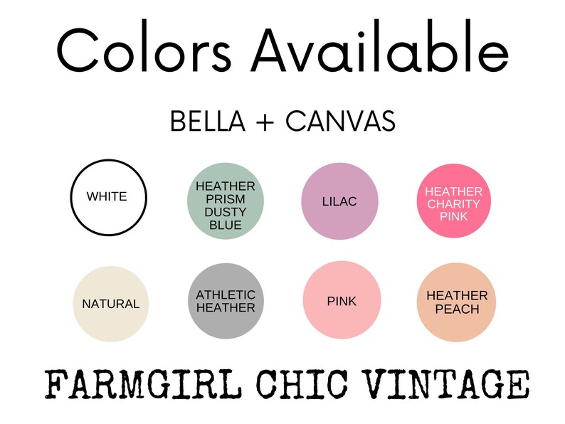 color chart featuring the colors, white, dusty blue green, lilac, heather charity pink, natural, athletic heather, pink and heather peach.