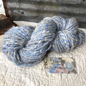 May include: A skein of blue and white yarn with a tag that reads "Farmgirl Chic Vintage".