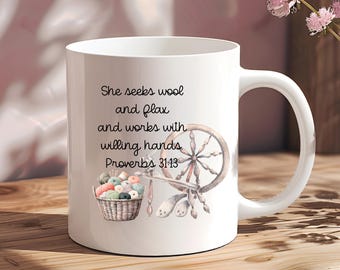 Spinning Wool Mug, Hand Spinner Gift, Proverbs 31 Coffee Cup, Handspun Yarn, Christian Fiber Artist, Spinning Wheel Gifts