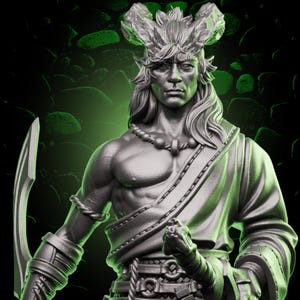 May include: A silver figurine of a male figure with long hair and horns. The figure is wearing a long robe and holding a sword.