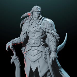 Könnte beinhalten: Eine graue, 3D-gedruckte Miniatur eines Krieger-Figuren in Rüstung, der ein Schwert und einen Dolch hält. Die Figur hat langes Haar und einen ernsten Ausdruck.