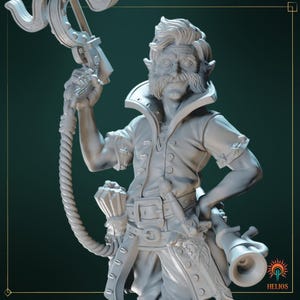 May include: A gray, detailed miniature figurine of a fantasy character. The character is a humanoid with pointed ears, a long beard, and a mustache. The character is wearing a long-sleeved shirt, pants, and a belt with a pouch. The character is holding a rope and a gun in one hand and a horn in the other hand.