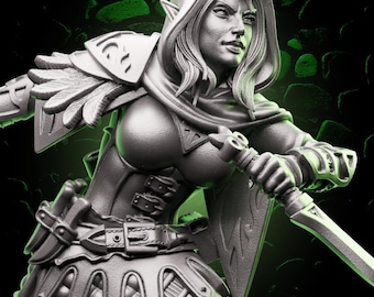 May include: A detailed, grey figurine of a female elf warrior. She wears a hooded cloak, armour with feather accents, and a belt with a buckle. The elf holds a sword with a glowing green blade, ready for battle.