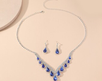 High-end All-match Sapphire Blue Crystal Clavicle Chain Earrings Two-piece Set