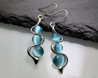 Fashion Beaded Earrings Resin Stone Blue Moonstone Dangle Long Jewelry Charm Silver Color Twist Hook Earring For Women