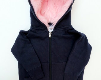 Youth Monster Hoodie - Size Small (6-8) - Navy blue with pink - horned sweatshirt, custom jacket