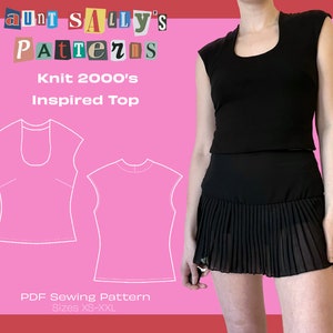 May include: A digital illustration of a knit top with a scoop neck and short sleeves. The illustration is on a pink background with the text "aunt SALLY's Patterns Knit 2000's Inspired Top PDF Sewing Pattern Sizes XS-XXL" in colorful letters.