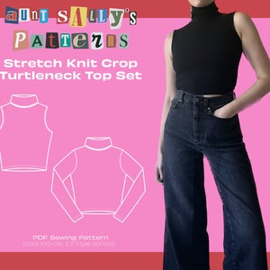 Może przedstawiać: Cyfrowa ilustracja bezrękawnego i długorękawnego crop topu z golfem. Tekst "aunt SALLY'S PatterOS Stretch Knit Crop Turtleneck Top Set PDF Sewing Pattern Sizes XXS-3XL // 2 Style options" jest wyświetlany na różowym tle.