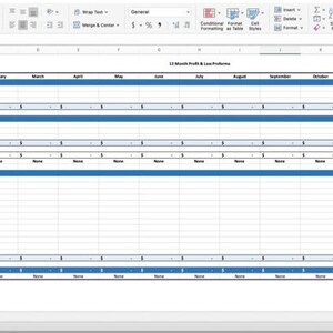 May include: A spreadsheet with a blue header row and blue lines separating sections. The spreadsheet is titled "12 Month Profit & Loss Proforma" and includes columns for each month of the year, as well as a total column. The spreadsheet is used to track income and expenses for a business.