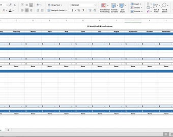 Könnte beinhalten: Eine Tabellenkalkulation mit einer blauen Kopfzeile und blauen Linien, die Abschnitte trennen. Die Tabellenkalkulation trägt den Titel "12 Month Profit & Loss Proforma" und enthält Spalten für jeden Monat des Jahres sowie eine Gesamtspalte. Die Tabellenkalkulation wird verwendet, um Einnahmen und Ausgaben eines Unternehmens zu verfolgen.