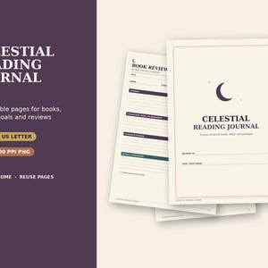 Op de afbeelding: Een printbaar Celestial Reading Journal met een crèmekleurige omslag, een donker maansikkel-icoon en de tekst Celestial Reading Journal, a quiet record of books, ideas, and passages, naast een pagina voor boekrecensies met lijnen.