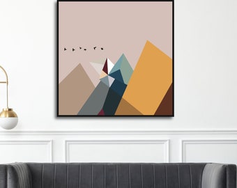 Arte abstracto de la pared de las montañas, arte de las montañas minimalistas geométricas coloridas, arte de la pared imprimible de la sala de estar, vibrante decoración digital de la montaña