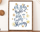 Christmas art O Holy night the stars are brightly shining Carol lyrics ink typography holiday printable art print Printable art