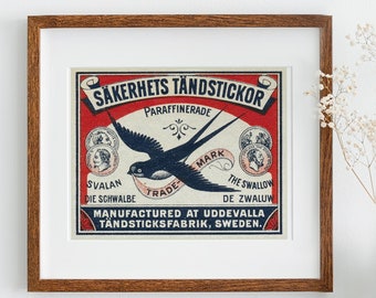 Vintage "SWALLOW' Matchbox graphic art | Vintage Matchbook Label Print | Antique Matchbox Art