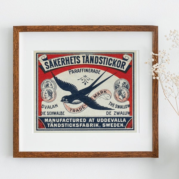 Vintage "SWALLOW' Matchbox graphic art | Vintage Matchbook Label Print | Antique Matchbox Art