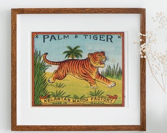 Vintage "Palm and Tiger' Matchbox graphic art | Vintage Matchbook Label Print | Antique Matchbox Art