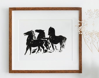 Vintage Horses paint sketch | black and white Art | modern abstract horse print